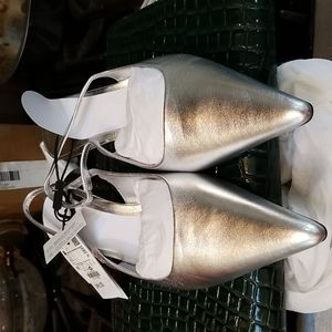 NWT silver metallic kitten heel sling backs, sz 9, ZARA